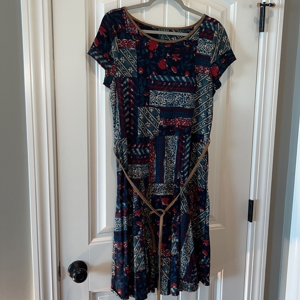 Lauren Ralph Lauren short sleeve patchwork cotton dress faux leather trim/tie XL
